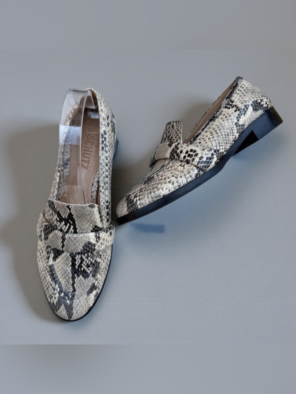 SCHUTZ Beige and Black Snake-Print Loafers - Picture 2 of 10